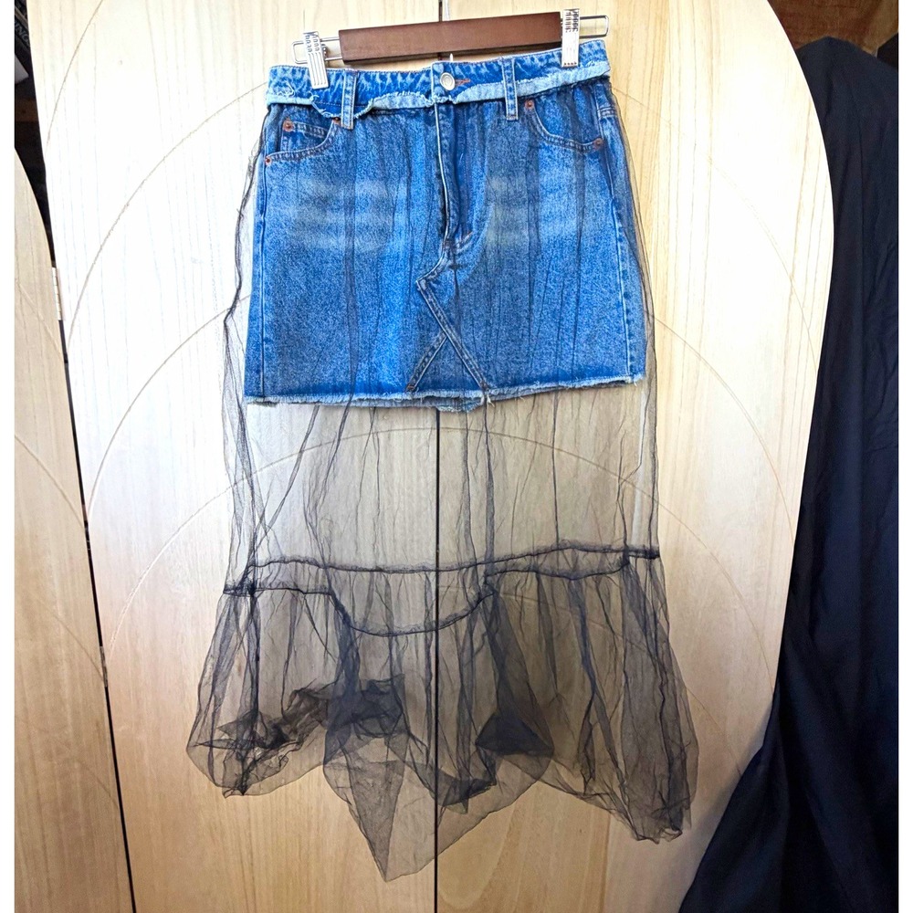 re:named Tulle Denim Skirt Small Whimsigoth Black Mesh Overlay Mini Maxi Alt